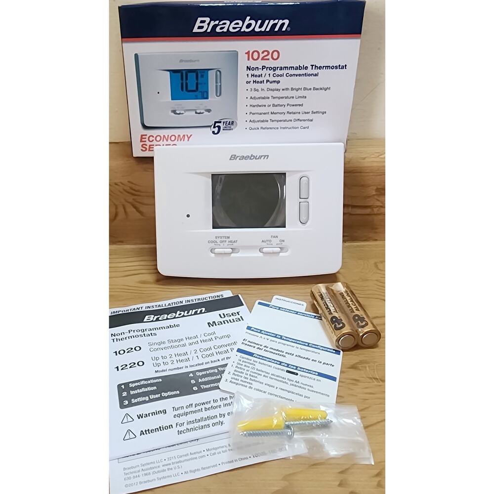 Braeburn Non-Programmable 1020 Thermostat 1-Heat 1-Cool Conventional Pump NEW